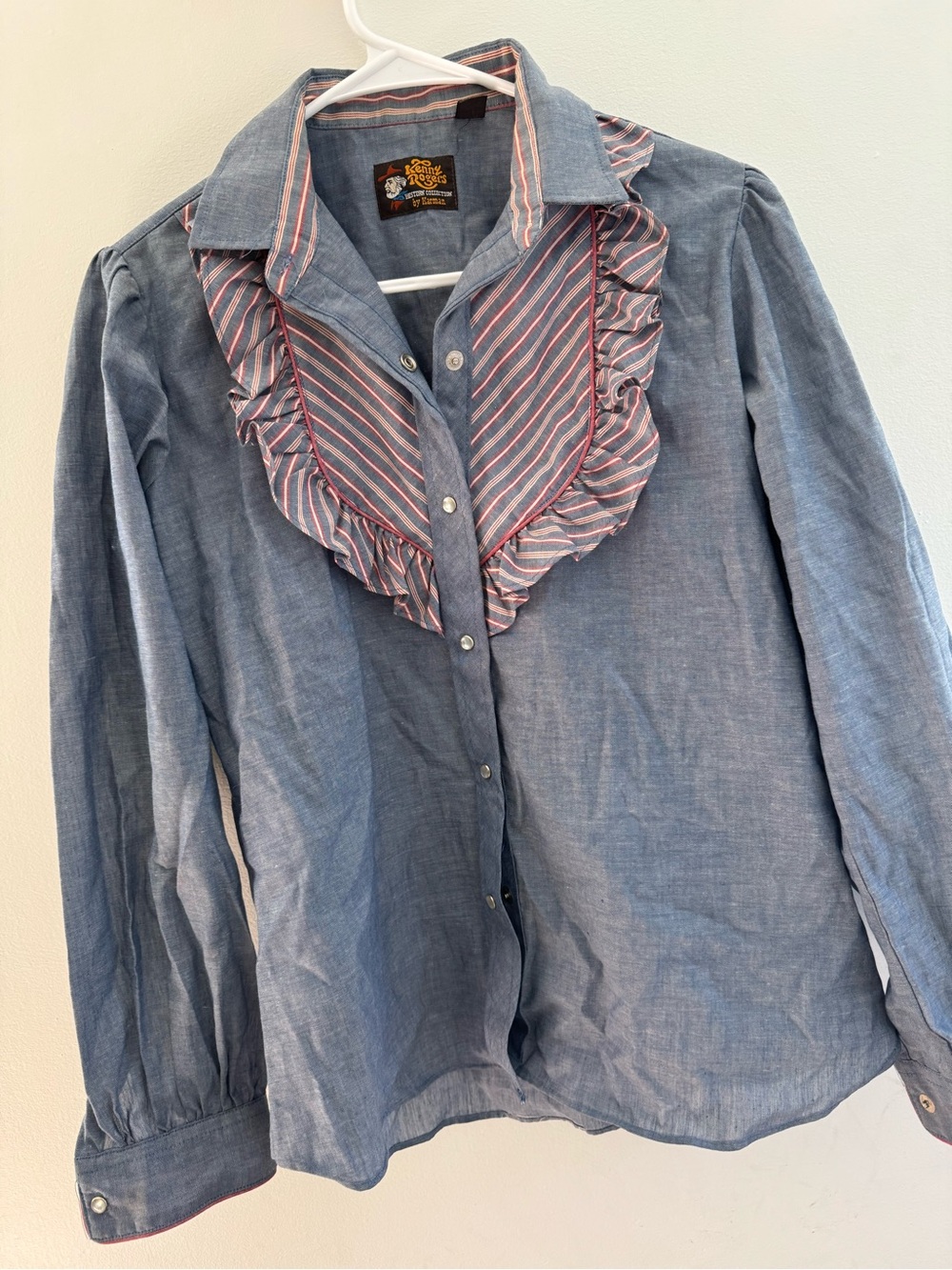 Vintage Western Ruffled Chambray Button-Up Blouse with Pink Stripe Bib